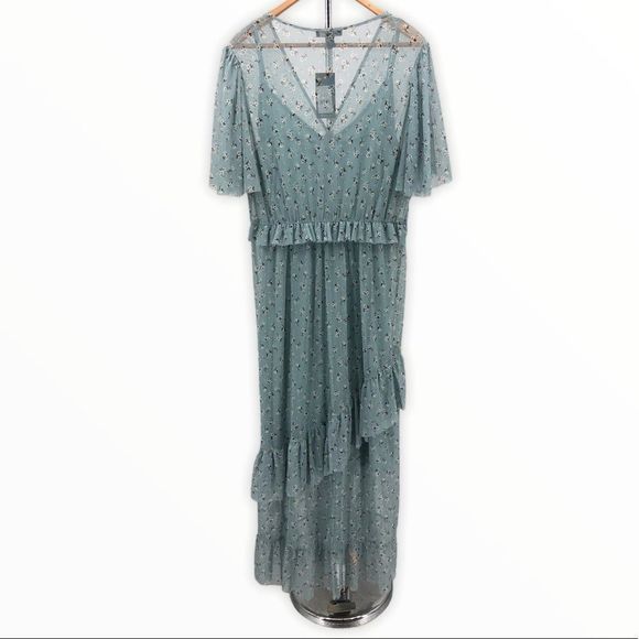 New Look Mesh Frill Blue Floral Ruffle Dress NWT - Picture 9 of 15